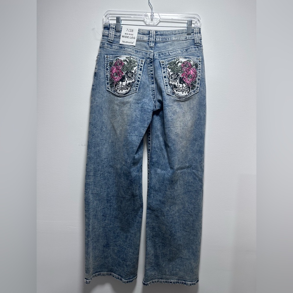 Sky Women's Light Blue Jeans with Embroidered Skull & Pink Rose Pockets